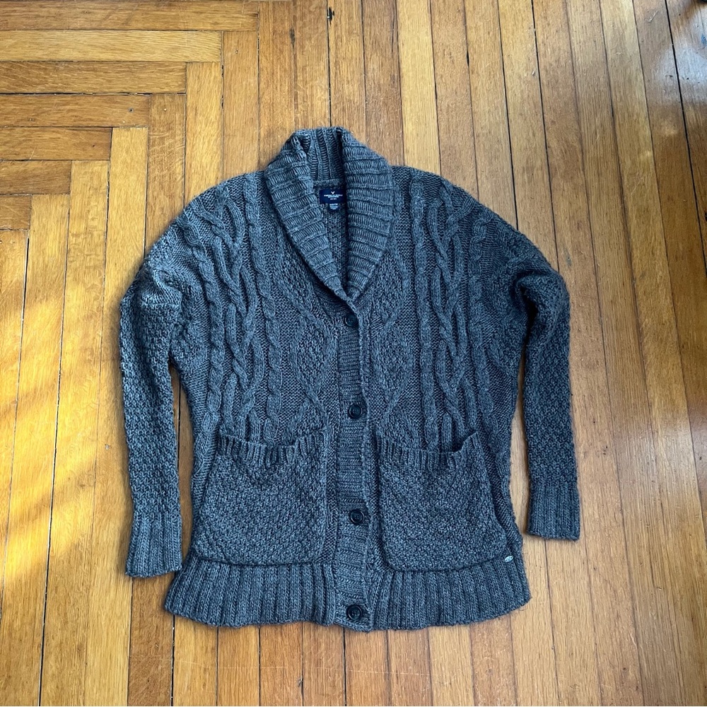 American Eagle Outfitters Charcoal Knit Cardigan Sz XXS Pockets Y2K Fisherman